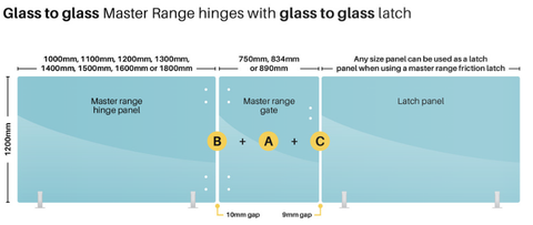 Frameless 12mm Glass Pool Fencing Hinge Panel, Choice of Sizes, Master range hinge panel