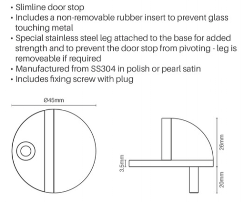 Shower screen door stop, stainless steel 304, with fixings screw and raw plug
