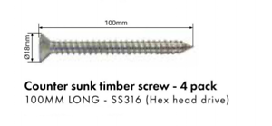 Stainless Steel 316 100mm Counter Sunk Timber Screw, Hex Head, M10, 4 pack