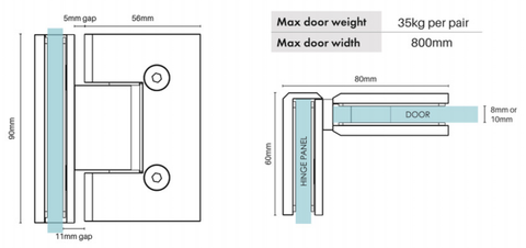 90 degree Frameless Shower Door hinge - Satin Chrome