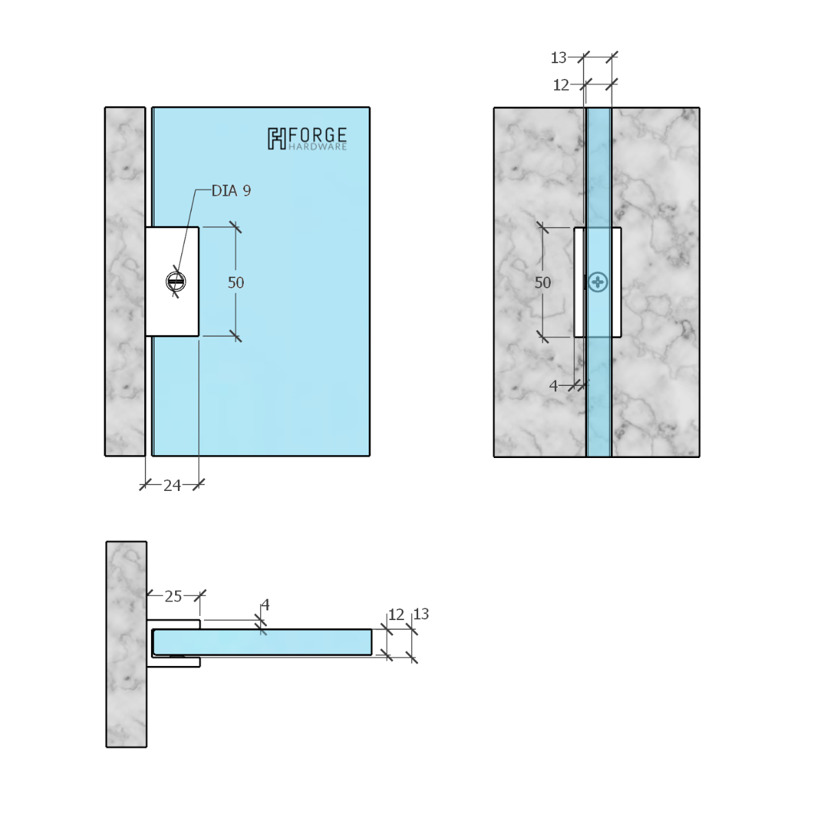 SHOWER SCREEN GLASS U BRACKET SQUARE 12MM GLASS - GUNMETAL