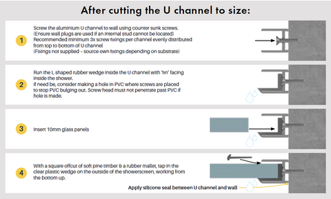 Frameless Shower Screen Fixed Panel 10mm, Walk In. With wall Channel, Choose size - 197mm - 997mm