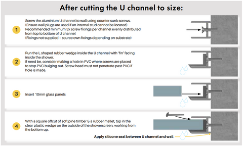 Frameless Shower Screen Fixed Panel 10mm, Extended U Channel, Choose size - 197mm - 997mm