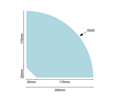 200mm glass corner shelf for shower screen, 10mm thick.