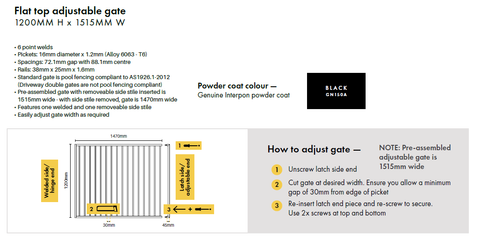 Adjustable Aluminium Pool Fence Gate   1200mm high x 1515mm,  cut to size.