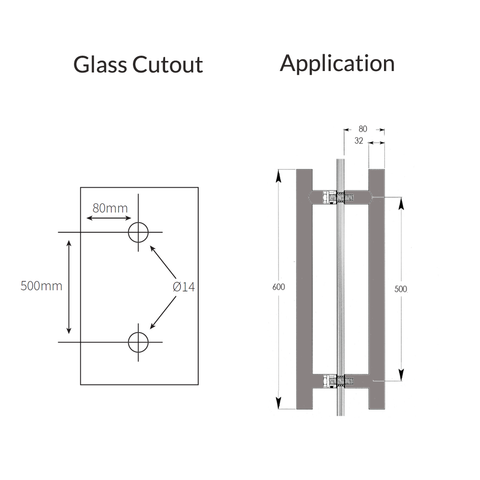 H TYPE  door handle , double sided,  600X32 500mm CTC    Glass, Timber  or Aluminium Doors