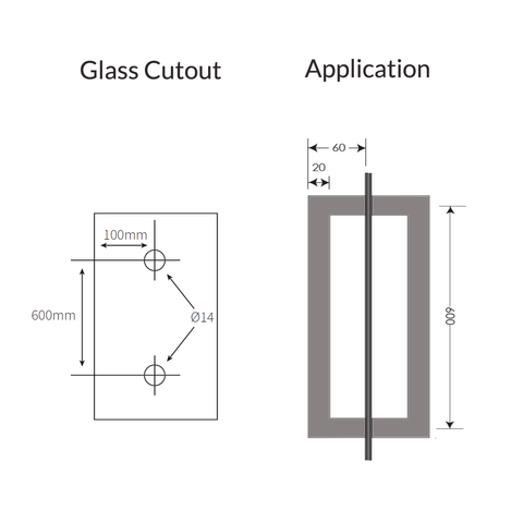 D TYPE Handle,   620X40X20 , 600mm CTC  Glass,  Timber or Aluminium Doors