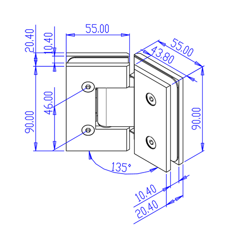 FORGE SHOWER HINGE GLASS TO GLASS 135 DEGREE  10mm glass - Brushed Brass