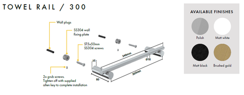 Towel Rail, 900mm, 600mm, 300mm , Stainless Steel, Choose Finish