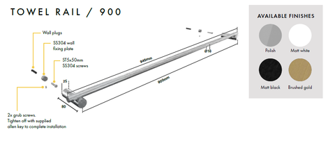 Towel Rail, 900mm, 600mm, 300mm , Stainless Steel, Choose Finish