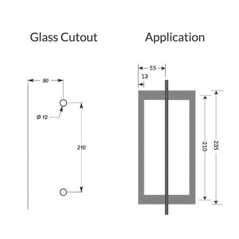 SHOWER DOOR HANDLE RECTANGULAR D 235X25X13 210MM CTC - Polished Chrome