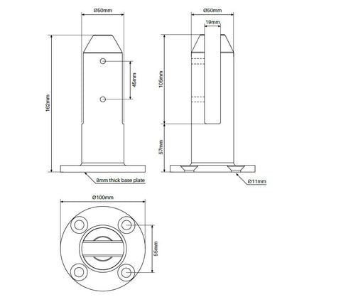 Rio Round Bolt down pool fence spigot FRICTION FIT, Stainless Steel 2205, Superior Strength